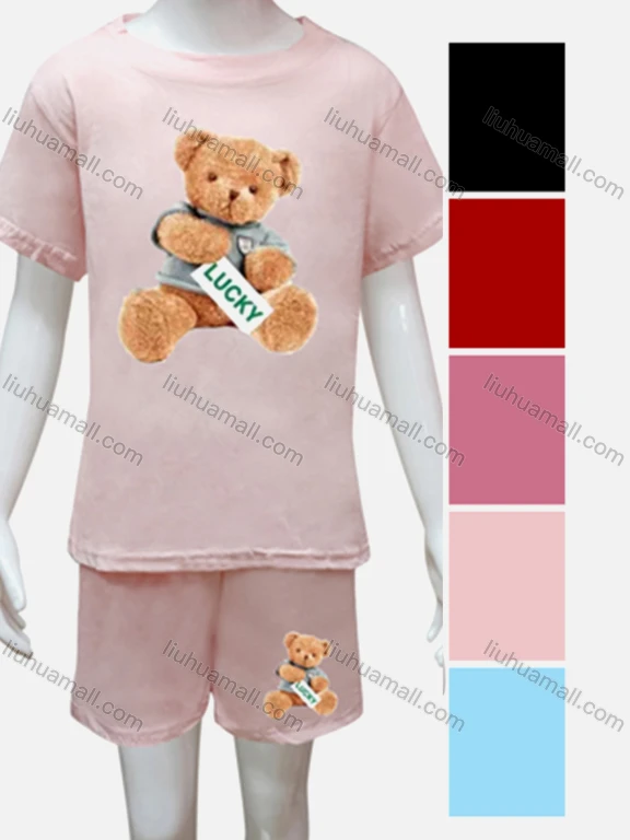 Wholesale Girls Cartoon Print Round Neck Short Sleeve Top & Shorts Sets