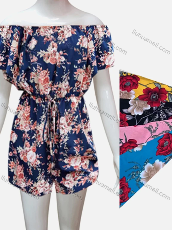 Wholesale Girls Causal Off Shoulder Short Sleeve Floral Print Drawstring Romper