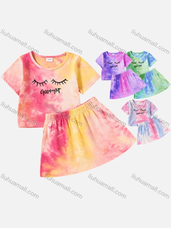 Wholesale Girls Tie Dye Letter Print Round Neck Short Sleeve Top & Elastic Waist Skirt Sets