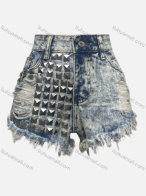 Wholesale Women's Fashion Tie Dye Rivets Ripped Frayed Raw Hem Pockets Denim Shorts 3300#, LIUHUA CLOTHING WHOLESALE