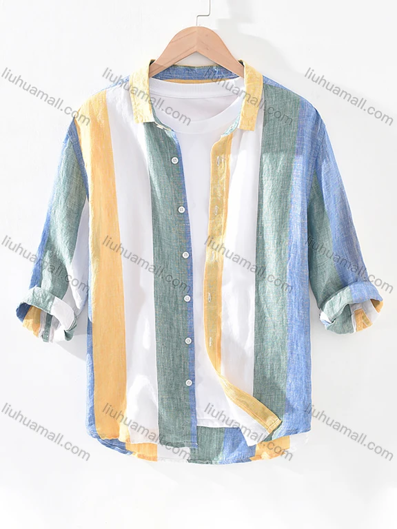 Men's Casual Shirt Collar Striped Button Down Curved Hem Shirt