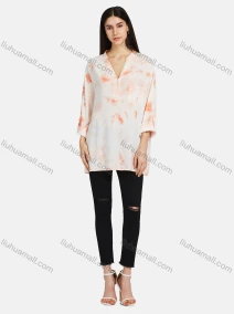 Wholesale Women's Button V Neck Drop Shoulder Buckle Strap Cuff Patch Pocket Tie Dye Tunic, LIUHUA CLOTHING WHOLESALE