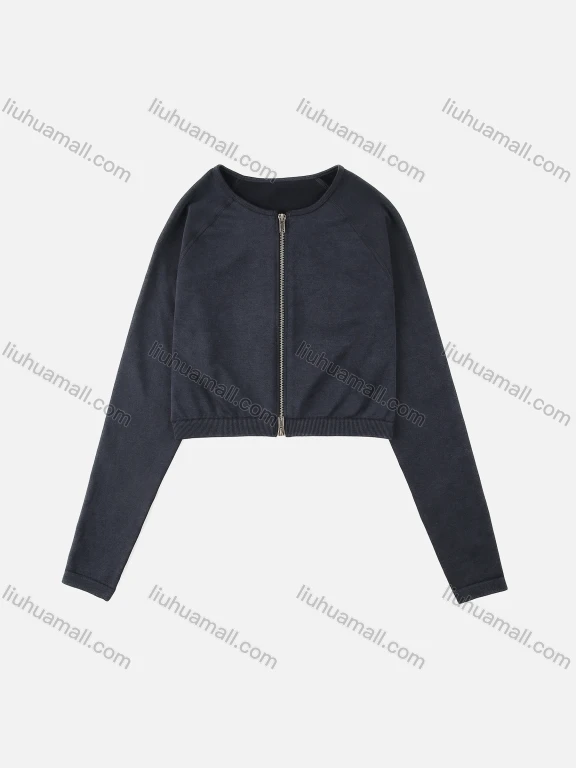 Wholesale Women's Casual Plain Long Sleeve Round Neck Zipper Knit Sport Jacket