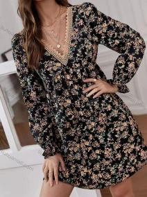 Wholesale Women's Casual Floral Print V Neck Lace Trim Poet Sleeve Short Dress, LIUHUA CLOTHING WHOLESALE