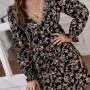 Wholesale Women's Casual Floral Print V Neck Lace Trim Poet Sleeve Short Dress preview