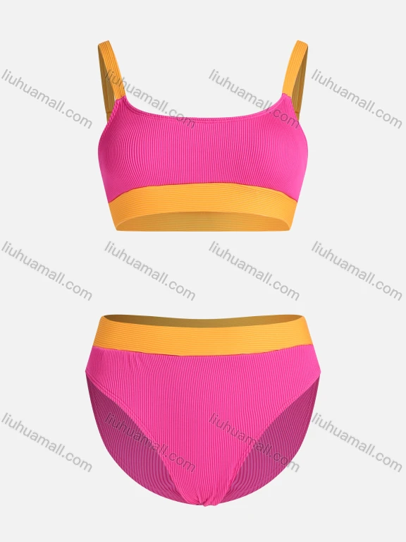 Wholesale Women's Sexy Colorblock Ribbed Spaghetti Strap Tankini Swimsuit 2-piece Set