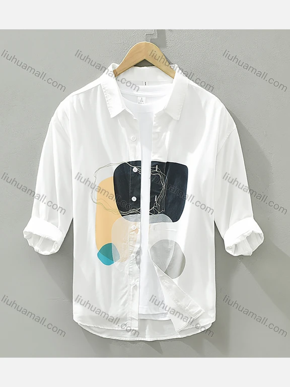 Men's Casual Shirt Collar 3/4 Sleeve Colorblock Button Down Shirt