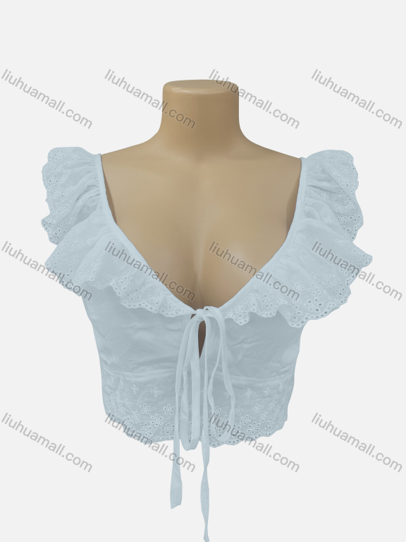 Wholesale Women's 100%Cotton Sexy Plain Eyelet Embroidered Ruched Tie Front Crop Top SC3579#