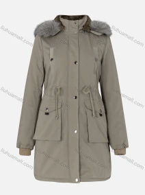 Wholesale Women's Casual Plain Drawstring Flap Pockets Button Down Long Sleeve Fleece Hooded Parka Winter Coat 2ML-102#, LIUHUA CLOTHING WHOLESALE