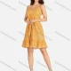 Wholesale Women's Elegant Allover Print V Neck Buttons Front Ruffle Hem Short Cami Dress With Belt Amber Clothing Wholesale Market Liuhua