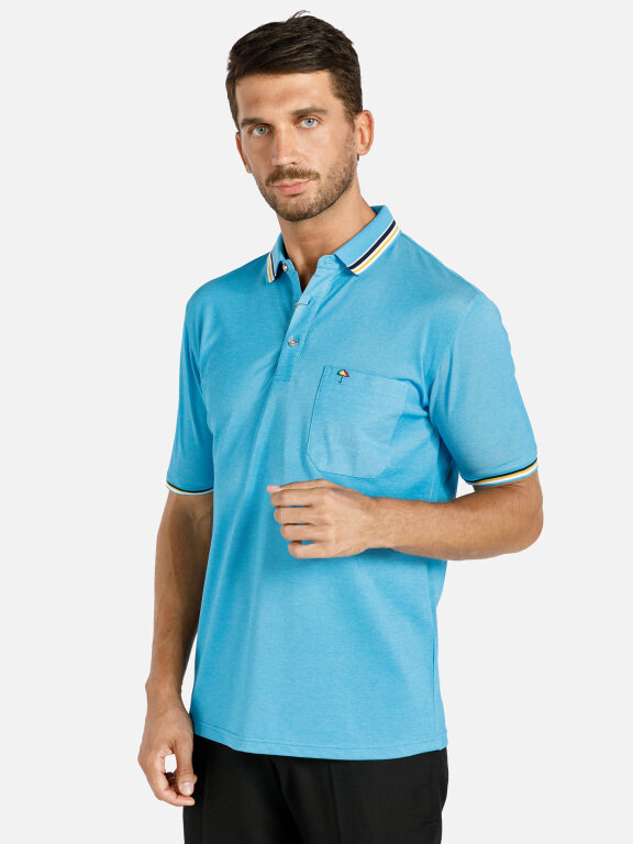 Men's Casual Plain Embroidered Patch Pocket Striped Trim Short Sleeve Polo Shirt, Clothing Wholesale Market -LIUHUA, 