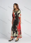 Wholesale Women's Casual Colorblock Vintage Print Batwing Sleeve Belted Maxi Kaftan - Liuhuamall