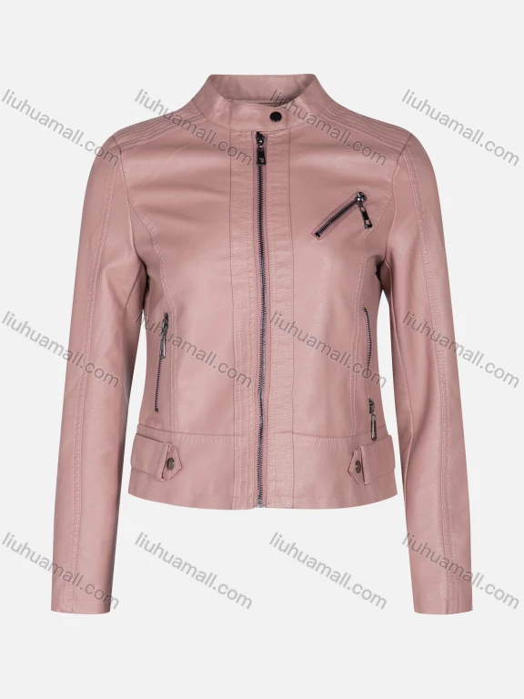 Wholesale Women's Fashion Slim Fit Stand Collar Leather Zipper Crop Leather Jackets 5896#