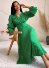 Wholesale Women's Casual Plain Wrap V Neck Puff Sleeve Pleated Midi Dress - Liuhuamall