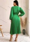 Wholesale Women's Casual Plain Wrap V Neck Puff Sleeve Pleated Midi Dress - Liuhuamall