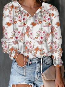 Wholesale Women's Casual Floral Print V Neck Long Sleeve Blouse, LIUHUA CLOTHING WHOLESALE