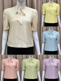 Wholesale Women's Casual Tie Neck Half Sleeve Embroidered Plain Blouse, LIUHUA CLOTHING WHOLESALE