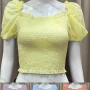 Wholesale Women's Causal Square Neck Puff Sleeve Embroidered Ruffle Trim Plain Crop Top preview