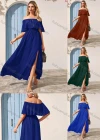 Wholesale Women's Plain Off Shoulder Split Side Ruffle Trim Maxi Cocktail Dress - Liuhuamall