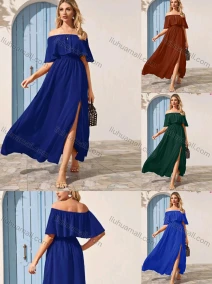 Wholesale Women's Plain Off Shoulder Split Side Ruffle Trim Maxi Cocktail Dress, LIUHUA CLOTHING WHOLESALE