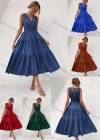 Wholesale Women's Casual Plain V Neck Ruched Lace Up Ruffle Hem Midi Tank Dress - Liuhuamall
