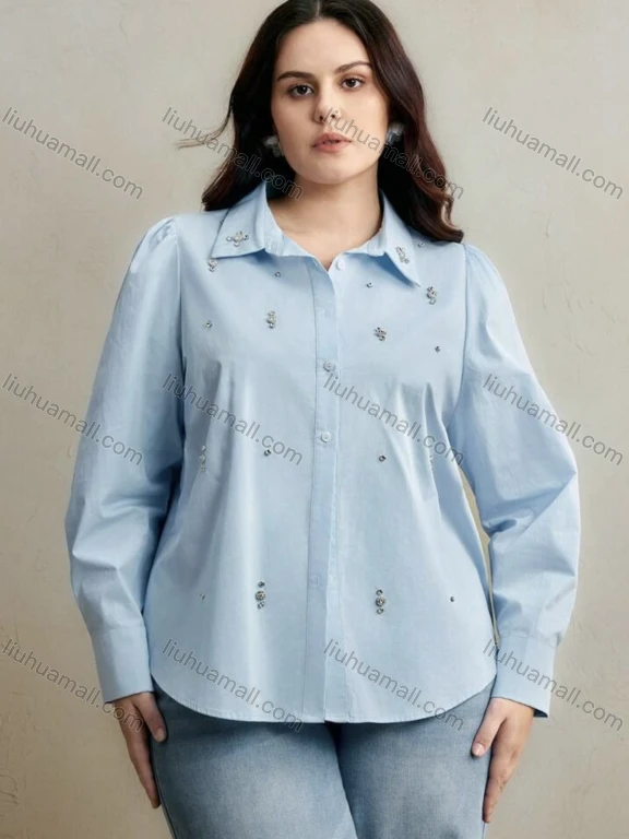 Wholesale Women's Plus Size Button-Up Shirt with Long Sleeves and Rhinestone