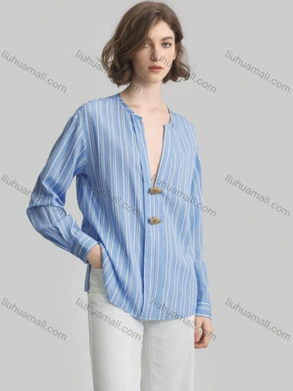 Wholesale Women's Striped Button-Up Blouse with Long Sleeves and Deep V Neck LIUHUA CLOTHING WHOLESALE
