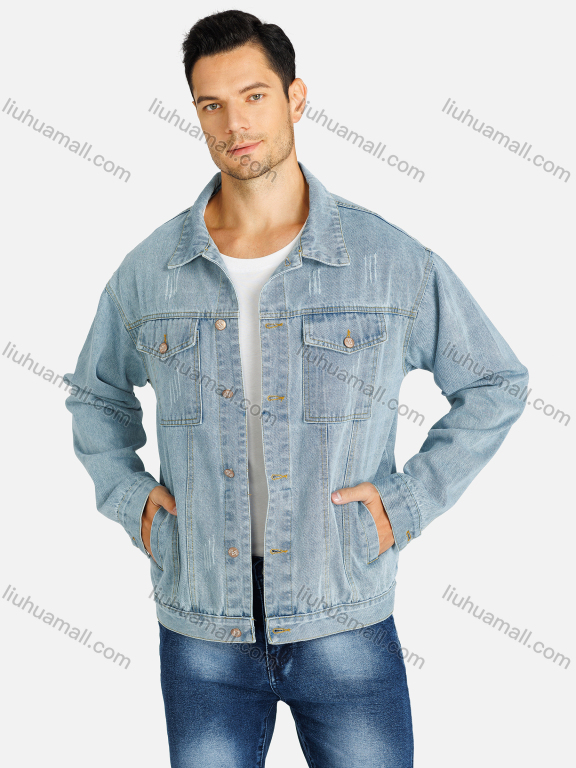 Wholesale Men's Basics Plain Button Down Flap Pockets Distressed Denim Jacket