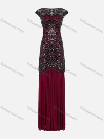 Wholesale Women's Elegant Bateau Neck Mesh Sequin Chest Cutout Ruched Hem Ballgown 3011#, LIUHUA CLOTHING WHOLESALE