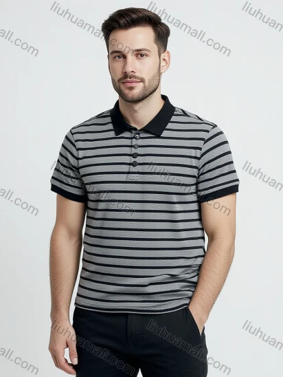Wholesale Men's Casual Polo Shirt Wholesale - Gray Black Stripes, Ribbed Collar, Short Sleeve Fashion Wear