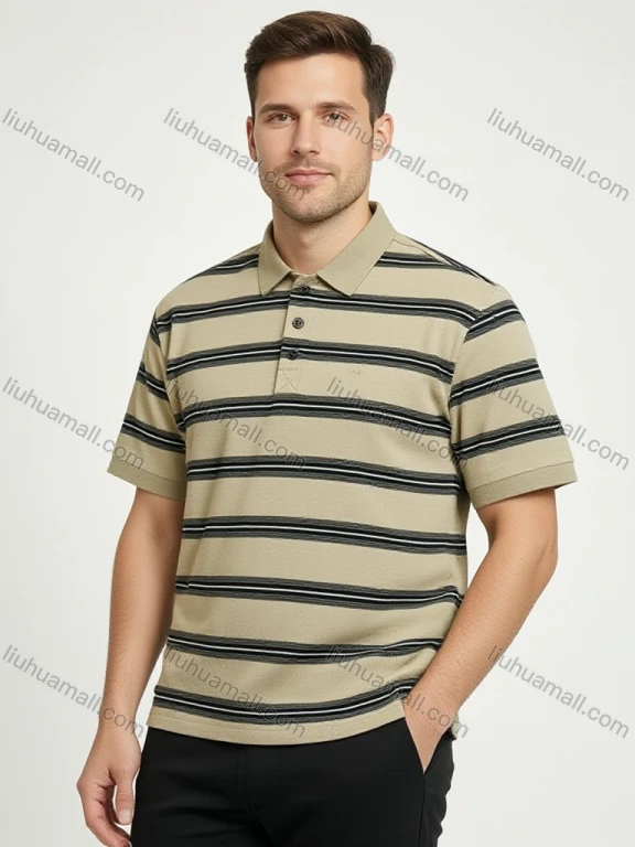 Wholesale Men's Striped Polo Shirt - Khaki with Black Stripes, Short Sleeve, 3-Button Collar LIUHUA CLOTHING WHOLESALE