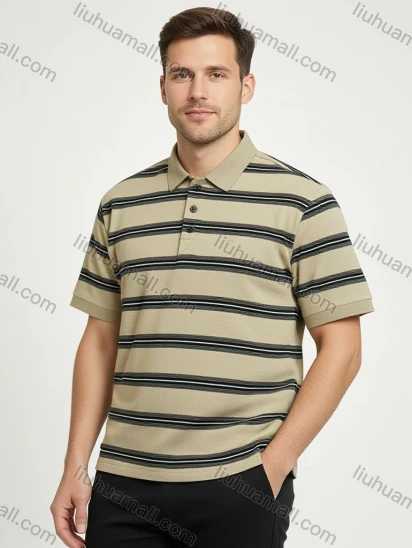 Wholesale Men's Striped Polo Shirt - Khaki with Black Stripes, Short Sleeve, 3-Button Collar