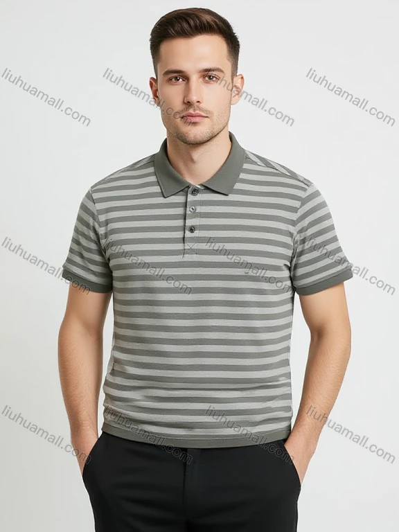 Wholesale Men's Striped Polo - Grey & White, Short Sleeve, Casual Business Wear, Bulk Order