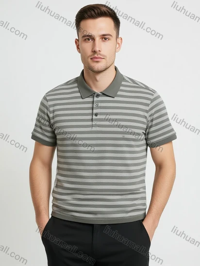 Wholesale Men's Striped Polo - Grey & White, Short Sleeve, Casual Business Wear, Bulk Order