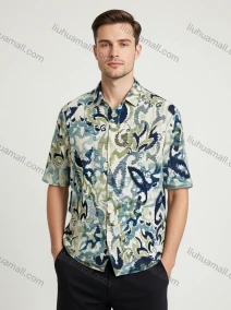Wholesale Vibrant Men's Floral Print Shirt Wholesale - Blue Green Abstract Design, Short Sleeve, Fashion Top, LIUHUA CLOTHING WHOLESALE
