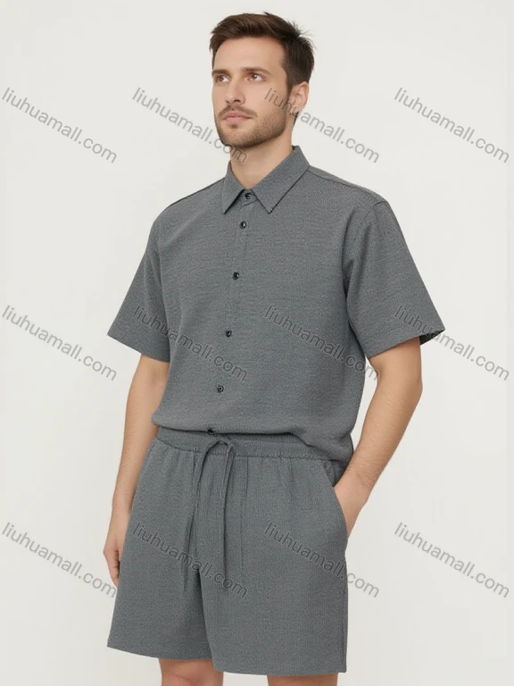 Wholesale Men's Gray Casual Set Wholesale - Short Sleeve Shirt & Matching Shorts, Lightweight Fabric, Bulk Order Discounts