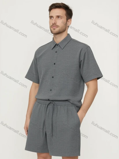 Wholesale Men's Gray Casual Set Wholesale - Short Sleeve Shirt & Matching Shorts, Lightweight Fabric, Bulk Order Discounts