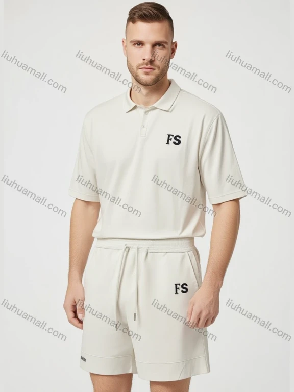 Wholesale Men's Beige FS Polo Set Wholesale - Short Sleeve & Matching Shorts, Drawstring Waist, Logo Detail, Bulk Discounts