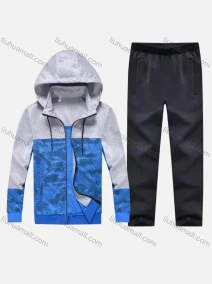 Wholesale Men's Athletic Workout Splicing Colorblock Drawstring Zip Hoodie & Elastic Waist Ankle Length Pants 2 Piece Set 30976#, LIUHUA CLOTHING WHOLESALE