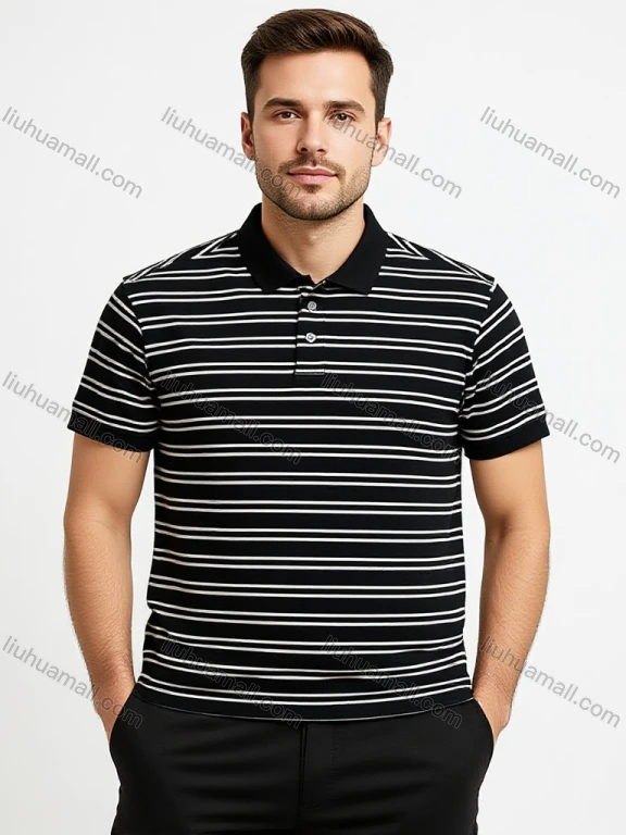 Wholesale Men's Black White Striped Polo Sholesale - 3-Button Collar, Cotton Blend, Slim Fit, Custom Logo