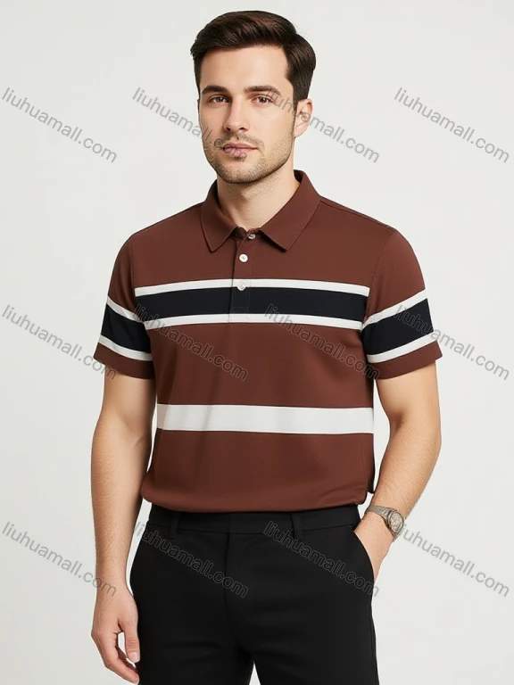 Wholesale Men's Brown Polo Shirt Wholesale - Blue/White Striped Collar, 2-Button Placket, Slim Fit, Custom Logo