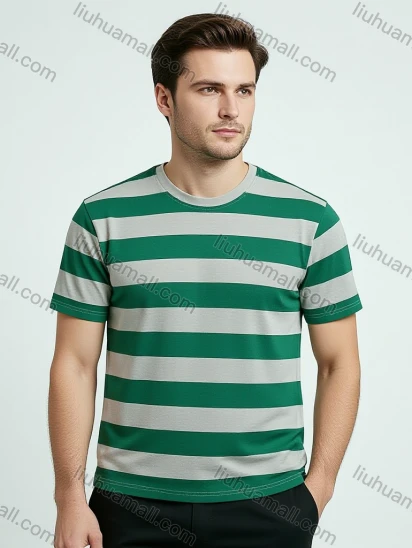 Wholesale Men's Green Gray Striped T-Shirt Wholesale - Soft Cotton, Crew Neck, Relaxed Fit, Bulk Order Discounts