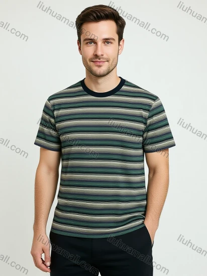 Wholesale Men's Green Striped T-Shirt Wholesale - Soft Cotton Blend, Ribbed Crew Neck, Relaxed Fit, Bulk Discounts