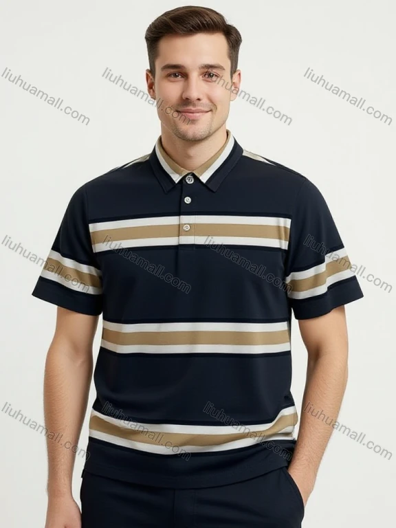 Wholesale Men's Navy Blue Polo Shirt Wholesale - Beige/Khaki Stripes, 3-Button Collar, Cotton Blend, Custom Logo