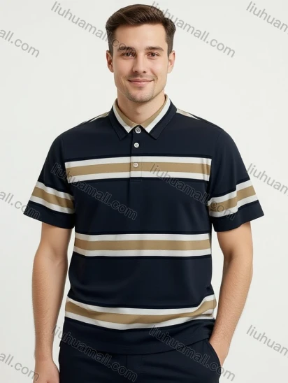 Wholesale Men's Navy Blue Polo Shirt Wholesale - Beige/Khaki Stripes, 3-Button Collar, Cotton Blend, Custom Logo