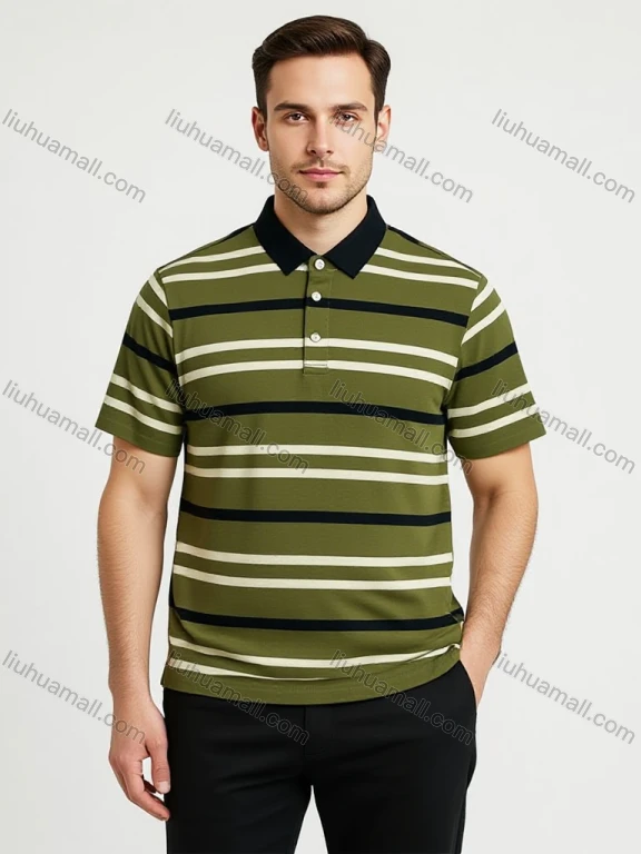 Wholesale Men's Green Black White Striped Polo Wholesale - 3-Button Collar, Short Sleeve, Cotton Blend, Bulk Orders