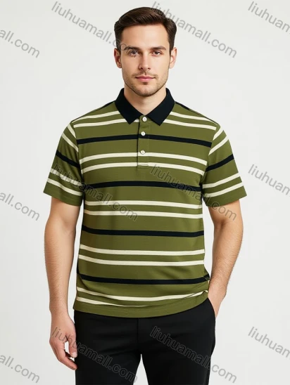 Wholesale Men's Green Black White Striped Polo Wholesale - 3-Button Collar, Short Sleeve, Cotton Blend, Bulk Orders