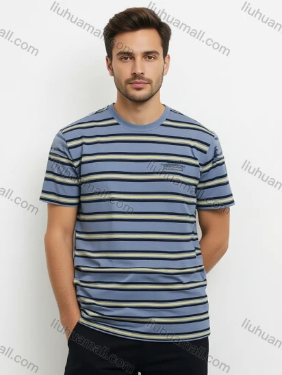 Wholesale Men's Light Blue Black Yellow Striped T-Shirt Wholesale - Soft Cotton, Crew Neck, Chest Print, Bulk Orders