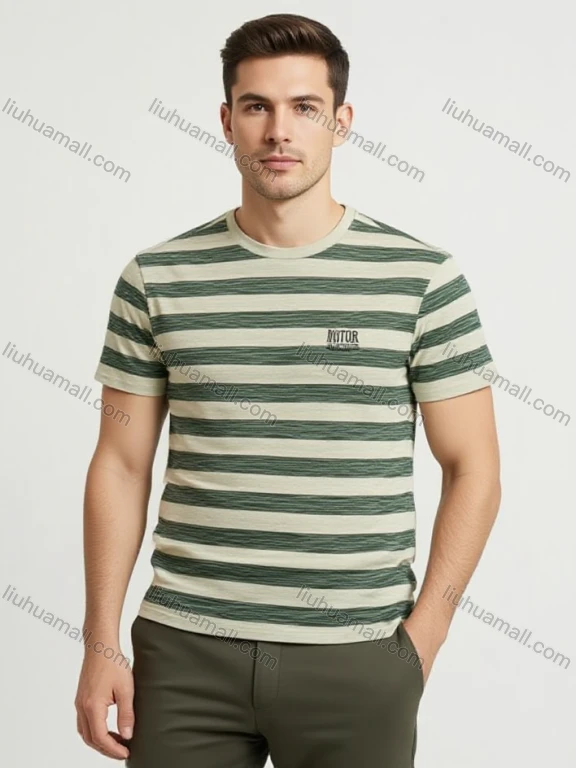 Wholesale Men's Green White Striped T-Shirt Wholesale - NYTOR Chest Logo, Soft Cotton, Crew Neck, Bulk Discounts