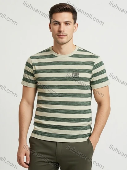 Wholesale Men's Green White Striped T-Shirt Wholesale - NYTOR Chest Logo, Soft Cotton, Crew Neck, Bulk Discounts
